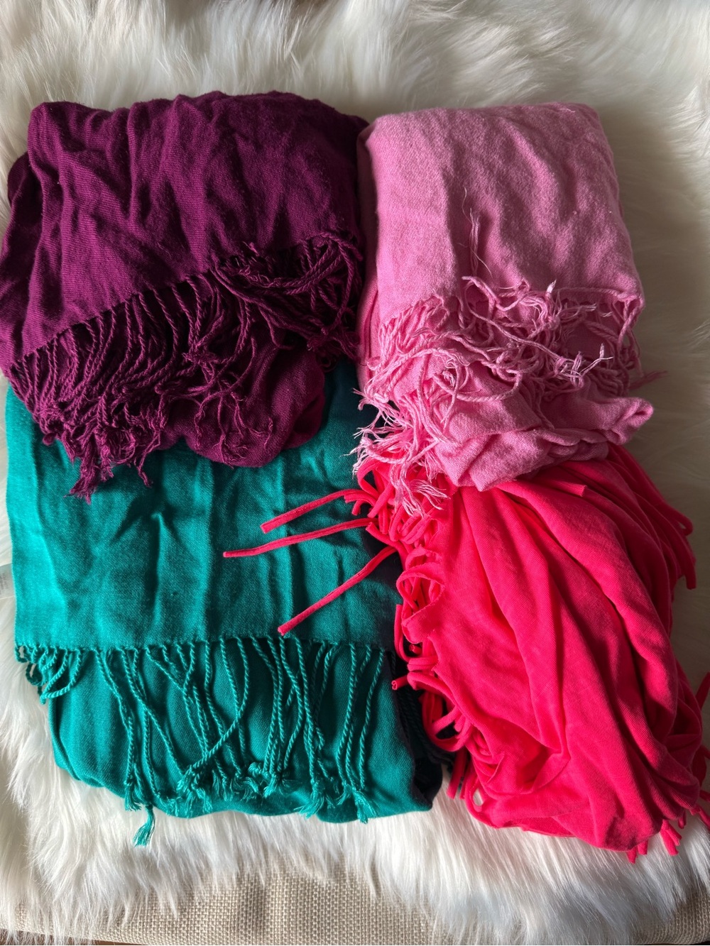 Set of Four Fringe Scarves in Teal, Plum, Pink, and Hot Pink